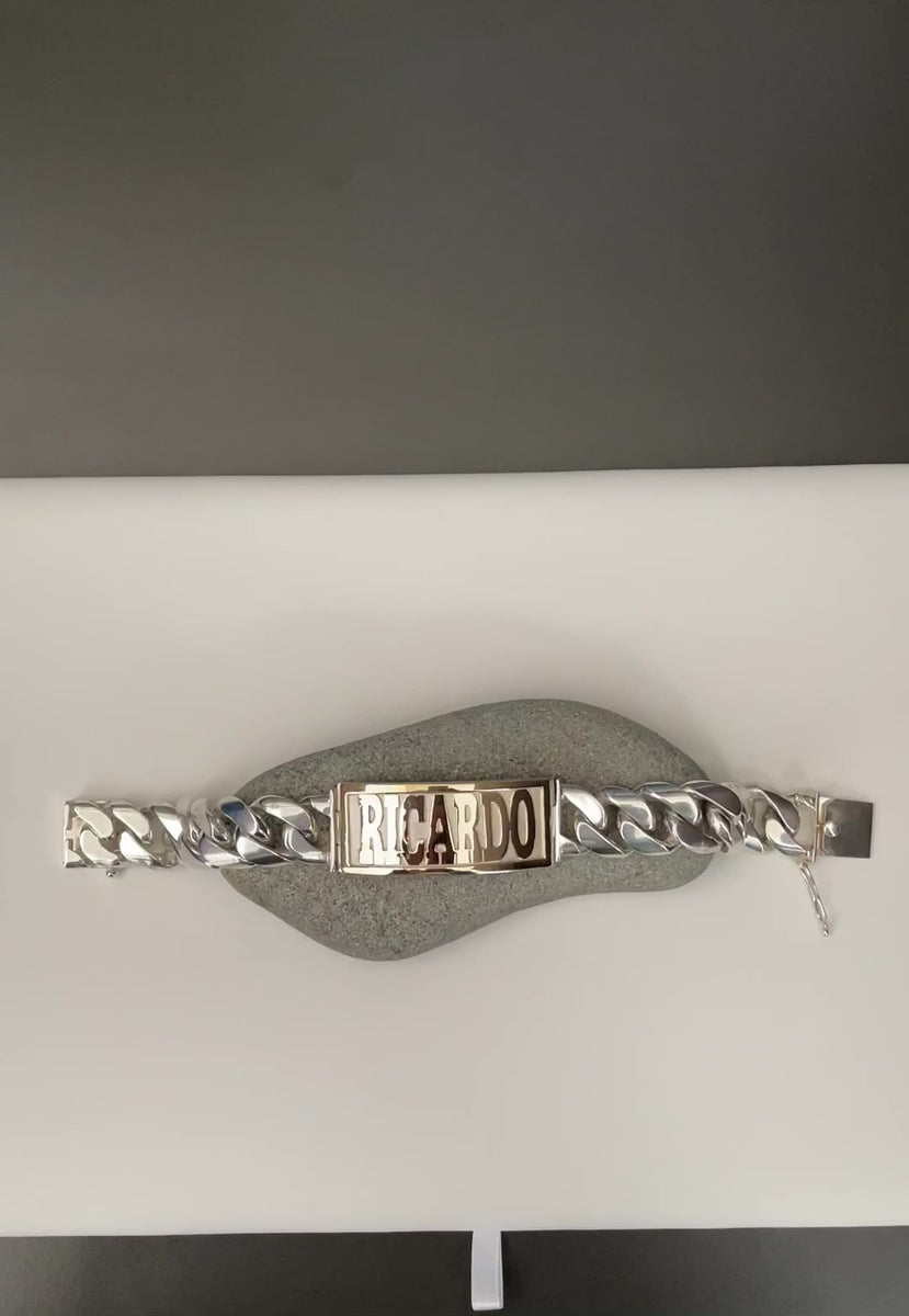 Solid sterling silver Cuban link ID bracelet with 14 karat gold nameplate RICARDO