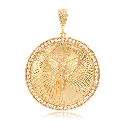 14K Yellow Gold Crucifix Medal with White Cubic Zirconia Pendant
