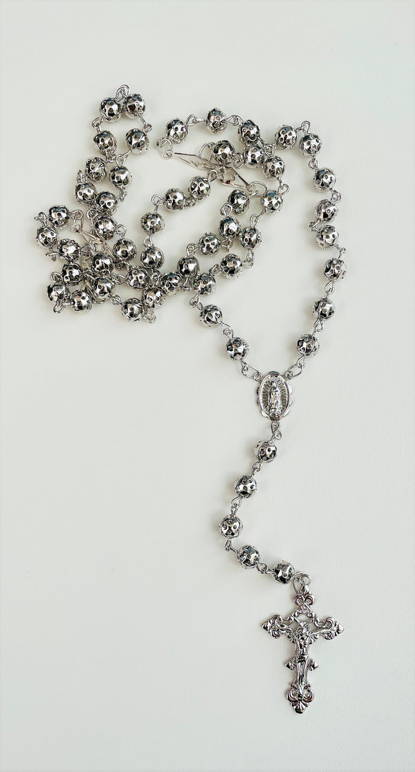 Sterling Silver 6.5 mm Bead Rosary Necklace 28 Inch
