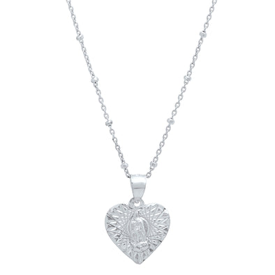 Rhodium Plated Silver Guadalupe Heart Necklace (18 Inch)