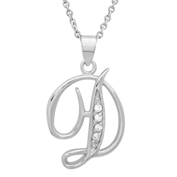 Rhodium Plated Silver CZ Script Initial Necklace