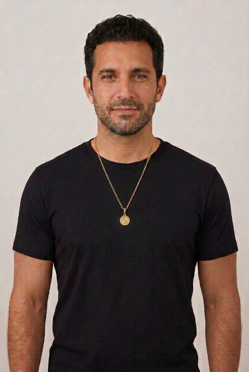 15 mm St. Christopher medal necklace on male model 1
