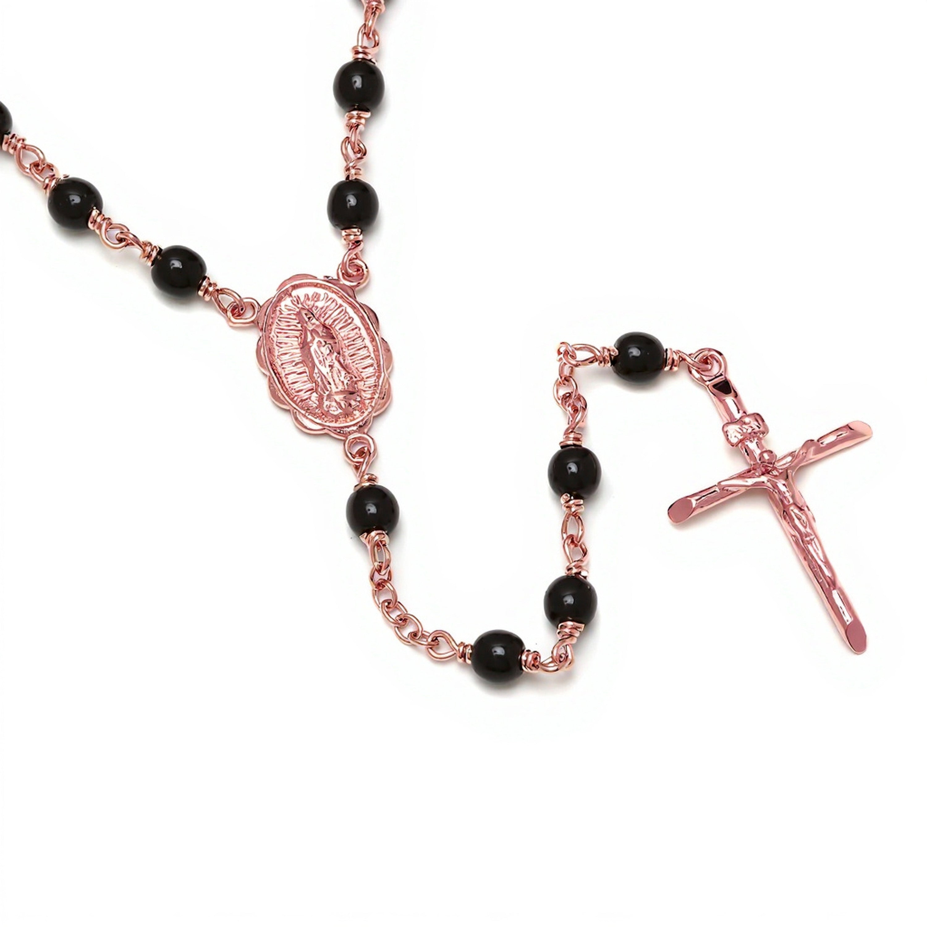 Gold or Platinum Plated Polished Black Glass Bead Rosary Necklace