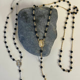 Gold or Platinum Plated Polished Black Glass Bead Rosary Necklace