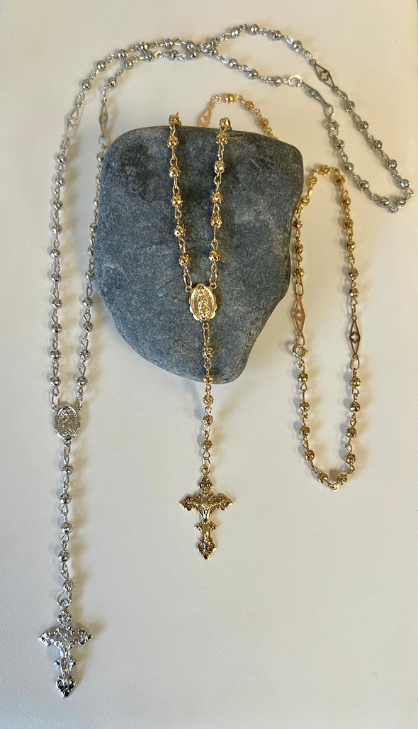 Platinum or Gold Plated Fashion 4 mm Cut-out Bead Rosary Necklace