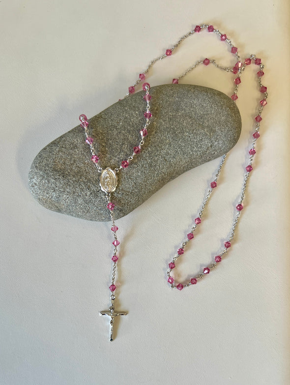 Platinum Plated Brass Rosary Necklace Made With Austrian Crystals by Roberto Martinez