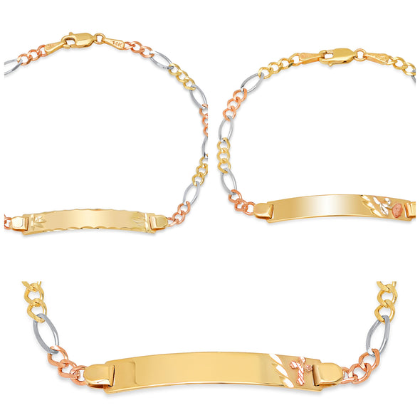 14K Tri-color Gold 100 Figaro Ladies ID Bracelets