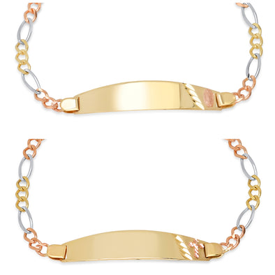 14K Tri-color Gold 100 Figaro Ladies Oval ID Bracelet