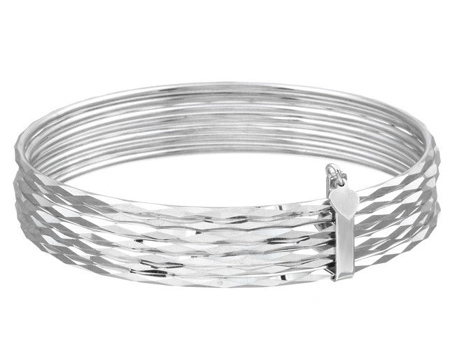Sterling Silver Diamond-cut Semanario Bangle Bracelet with Heart