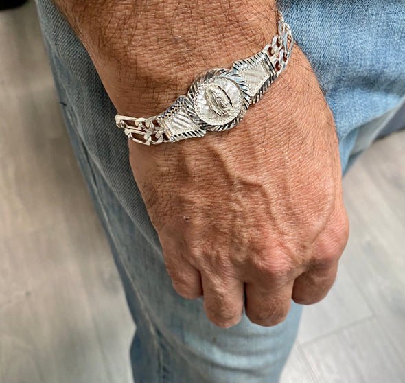Sterling Silver 2 Strand Figaro Guadalupe Medal Bracelet