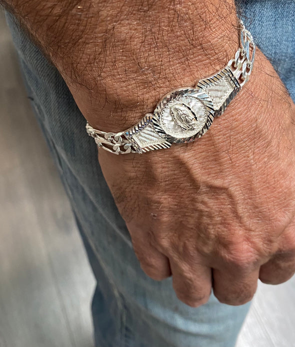 Sterling Silver 2 Strand Figaro Guadalupe Medal Bracelet