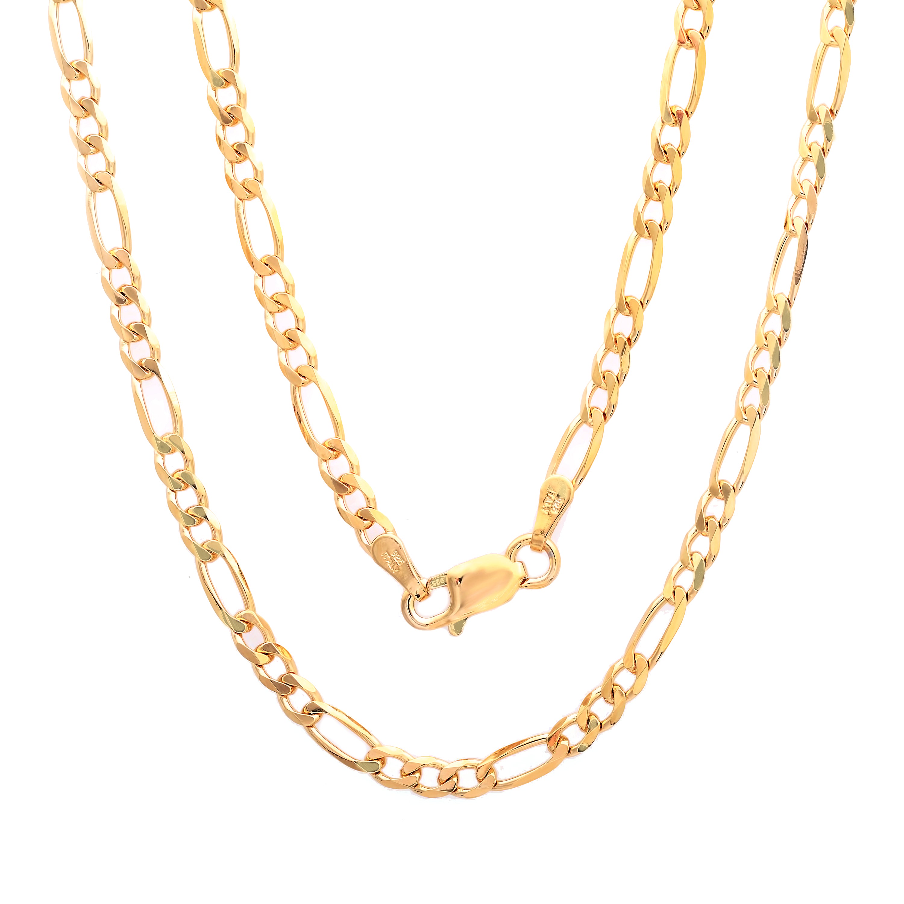 Sterling Silver Yellow Gold Plated Figaro Chain 3mm-5mm (16"-30")