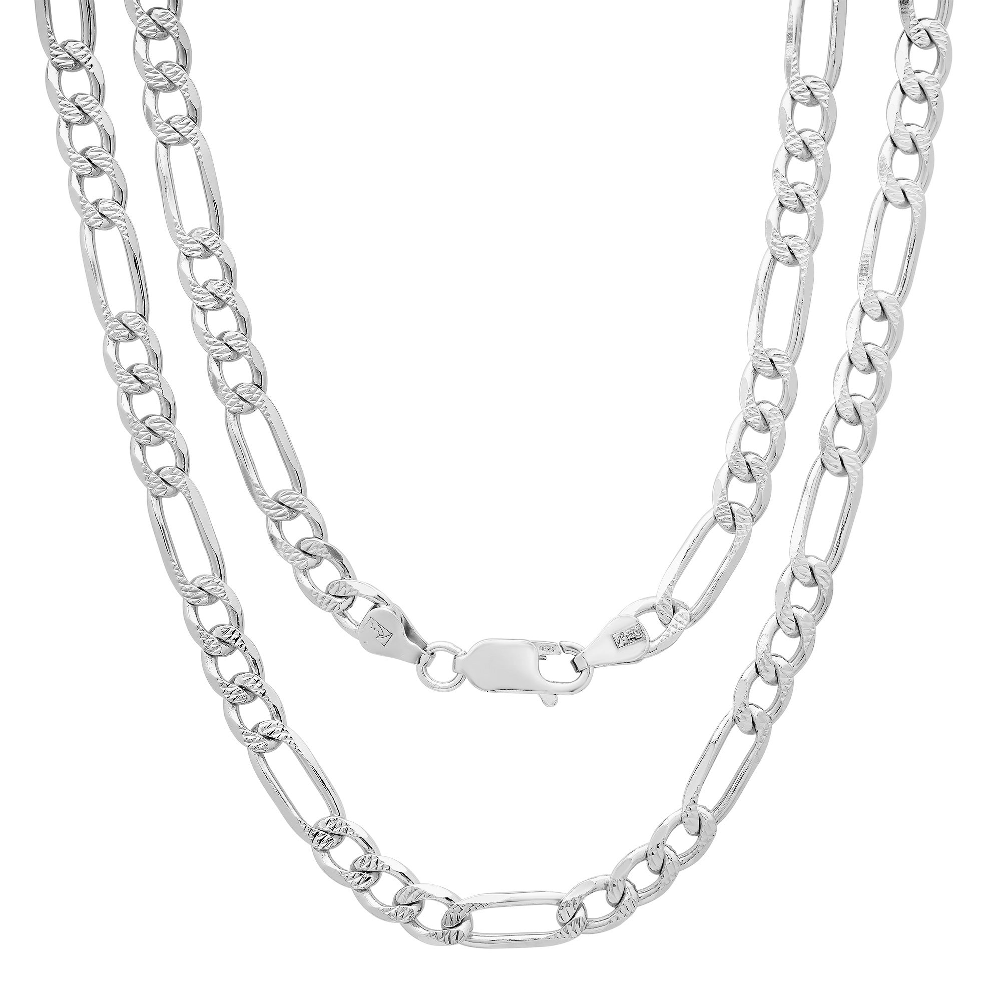 Sterling Silver Yellow Gold Plated Pave Figaro Chain 5mm (18"-30")