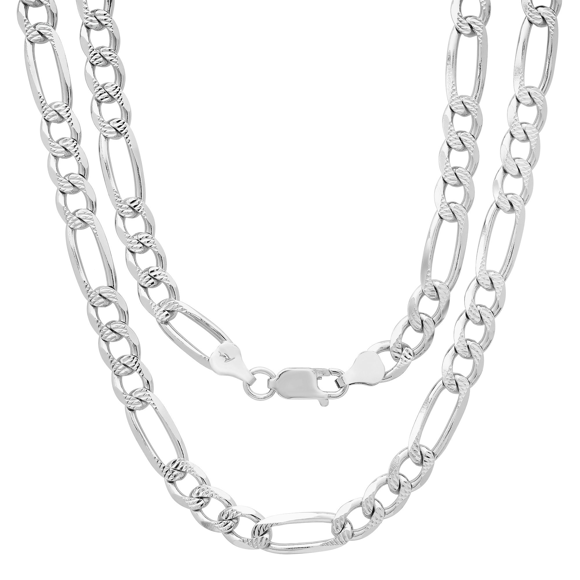 Sterling Silver Yellow Gold Plated Pave Figaro Chain 6mm (18"-30")