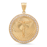 Sterling Silver Yellow Gold Plated Silver CZ Round Crucifix Medal