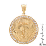 Sterling Silver Yellow Gold Plated Silver CZ Round Crucifix Medal