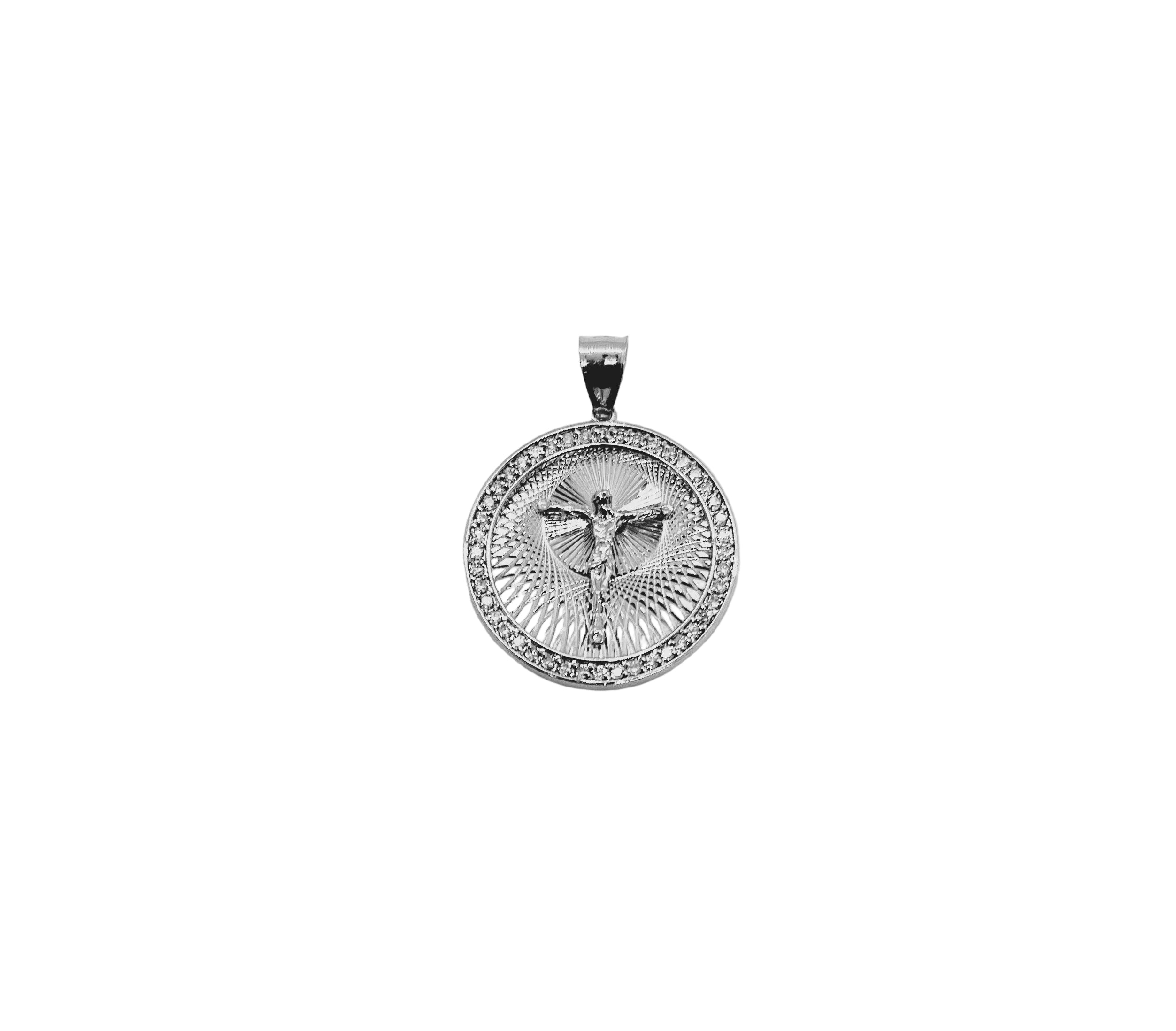 Sterling Silver Yellow Gold Plated Silver CZ Round Crucifix Medal