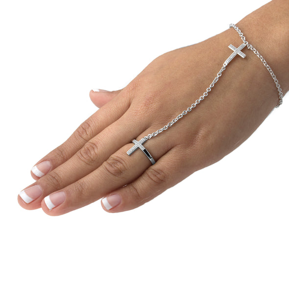 Sterling Silver Cubic Zirconia Cross Hand Bracelet Ring