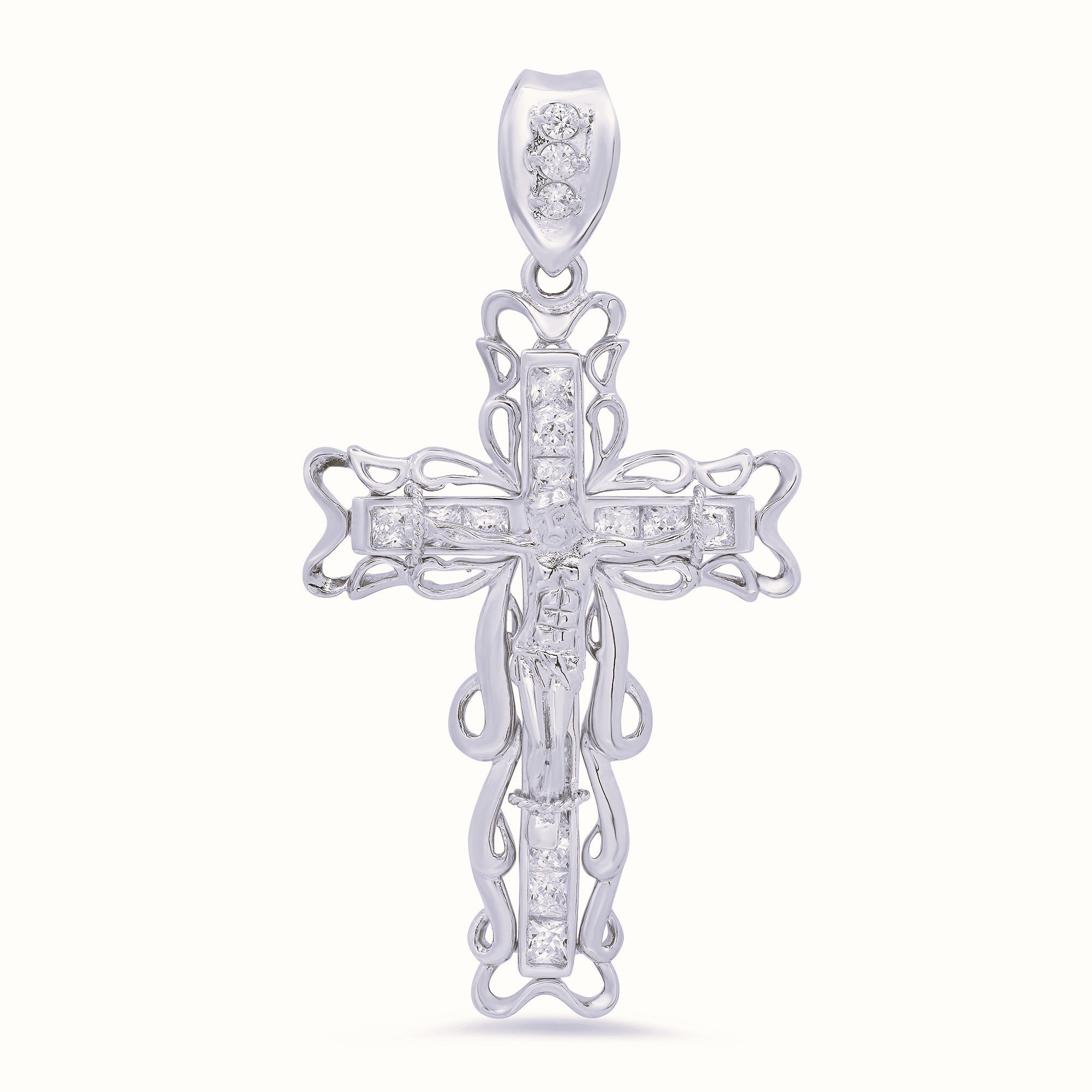 Sterling Silver Yellow Gold Plated Silver Baguette CZ Crucifix