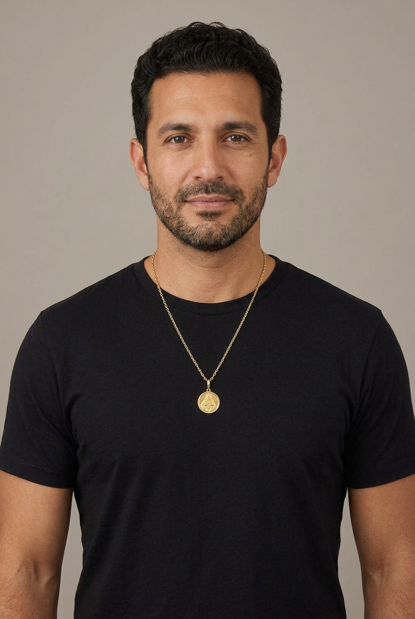 Male model 1 wearing the 15 mm Scapular medal on a 20-inch chain