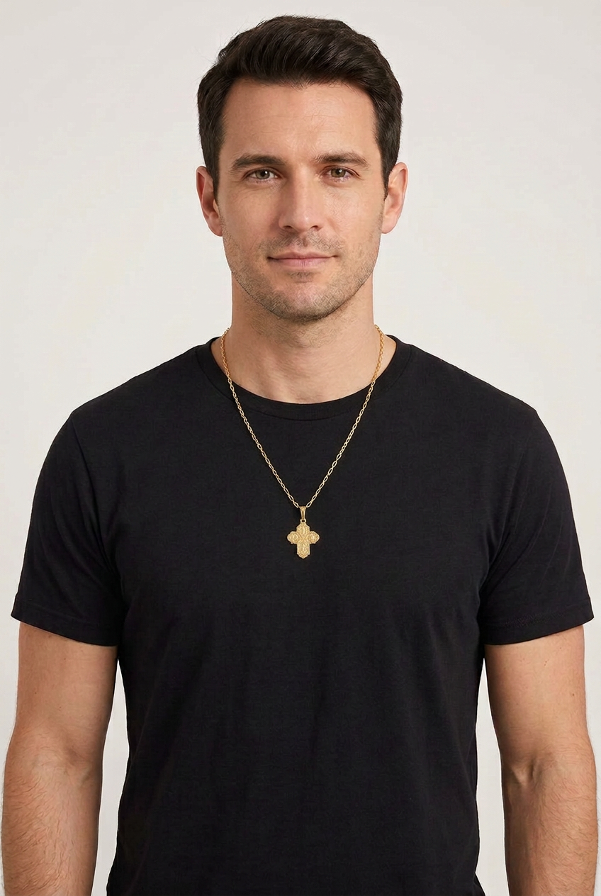Male model with cross reduced by 50 percent