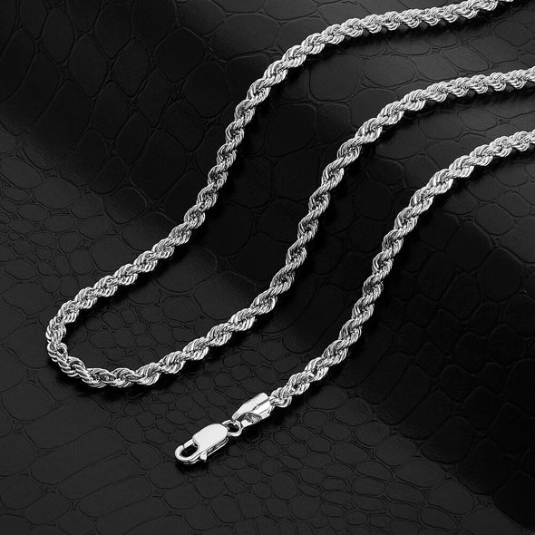 Rhodium Plated Bronze 3mm Italian Laser Cut Rope Chain (16-30 Inch)