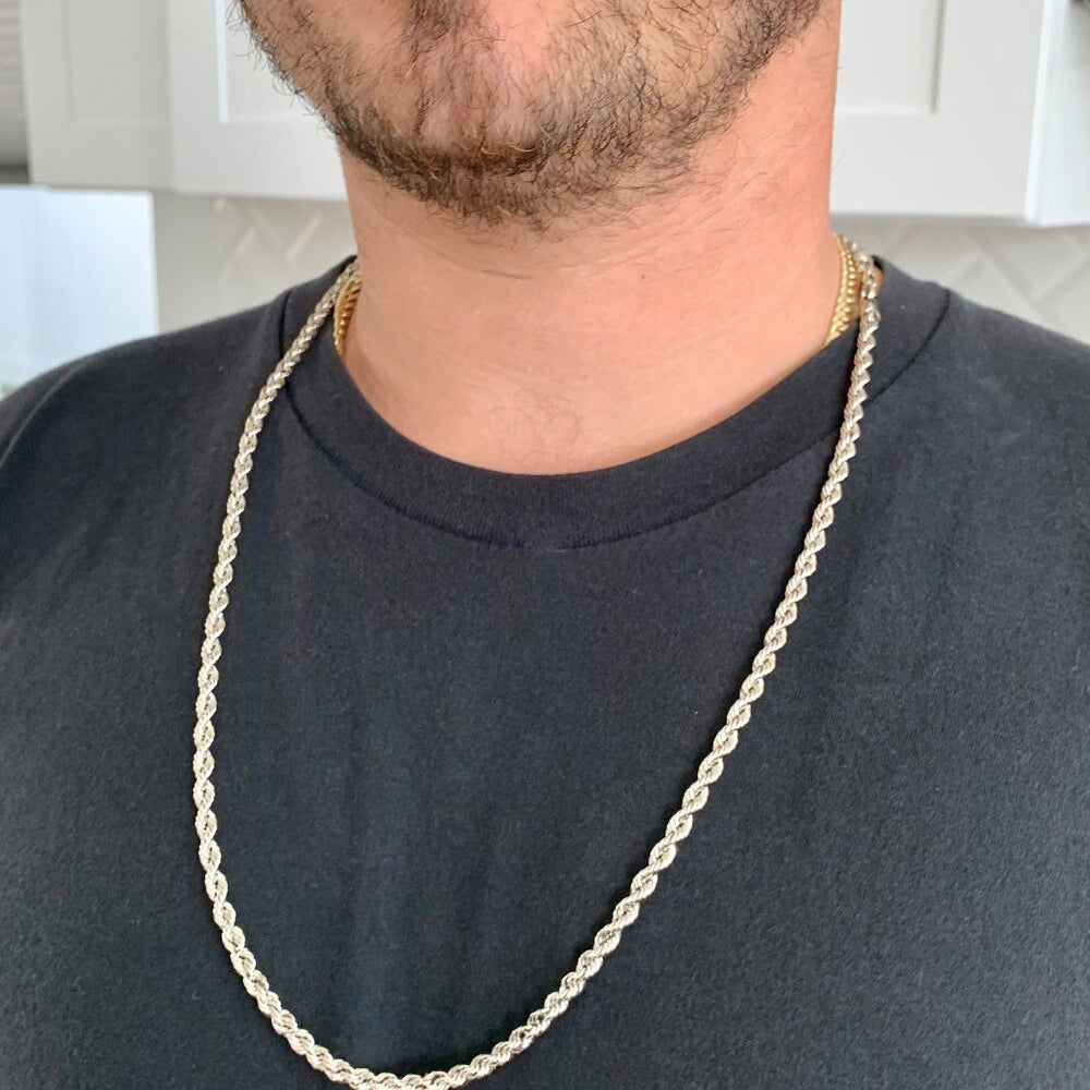 Rhodium Plated Bronze 4mm Italian Laser Cut Rope Chain (24-36 Inch)