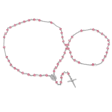 Rhodium Plated Rosary Made With Pink Swarovksi Crystals (26 Inch)