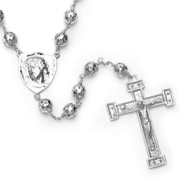 Rhodium Plated Nazareth Rosary Necklace (28 Inch)