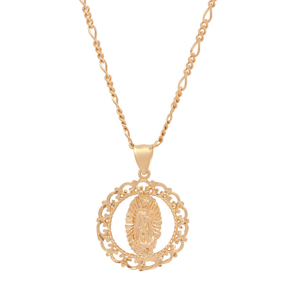 Yellow Gold Plated Our Lady of Guadalupe Necklace (24 Inch)
