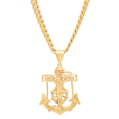 Yellow Gold Plated Mariner's Cross Cuban Link Necklace 24 Inch