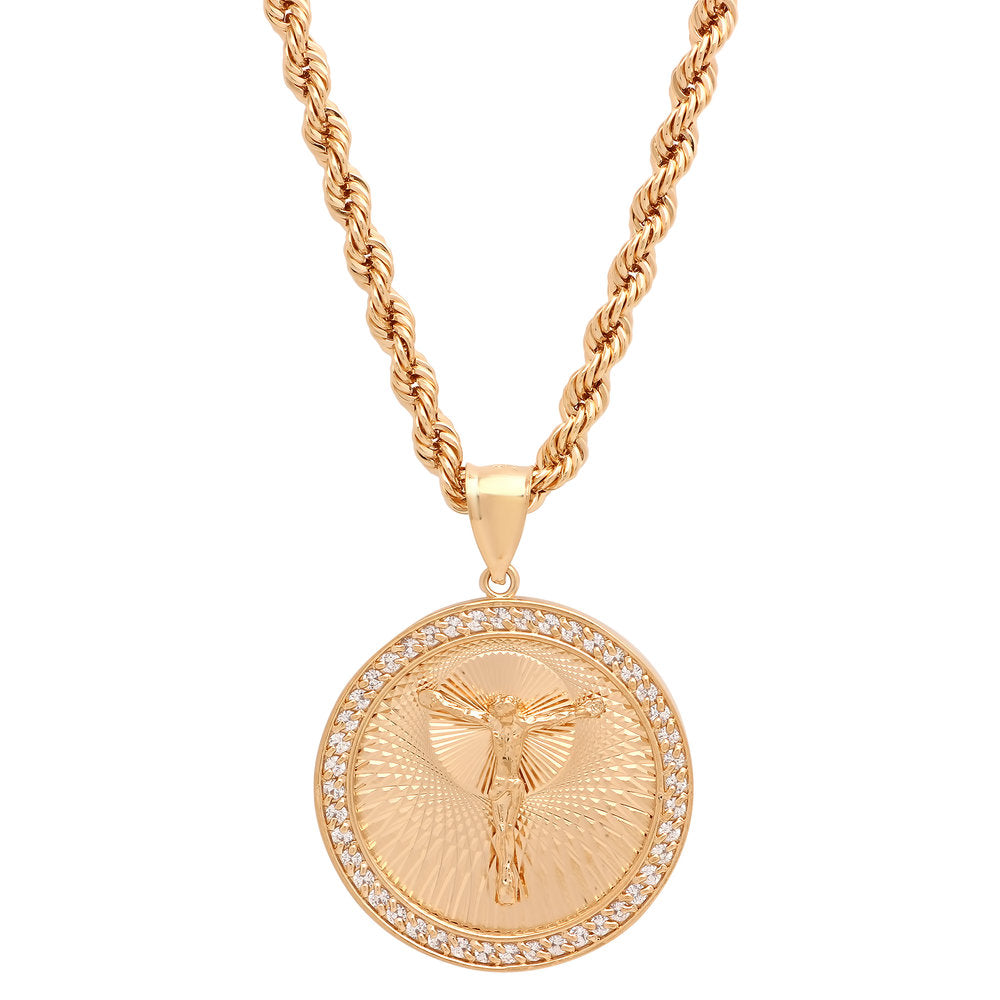 Yellow Gold Plated Round Swiss Cut Crucifix Necklace