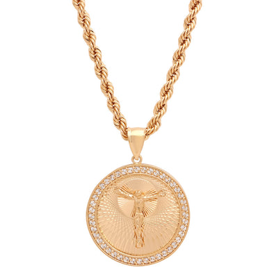 Yellow Gold Plated Round Swiss Cut Crucifix Necklace