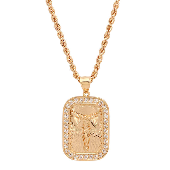 Yellow Gold Plated Swiss Cut Crucifix Medal Necklace