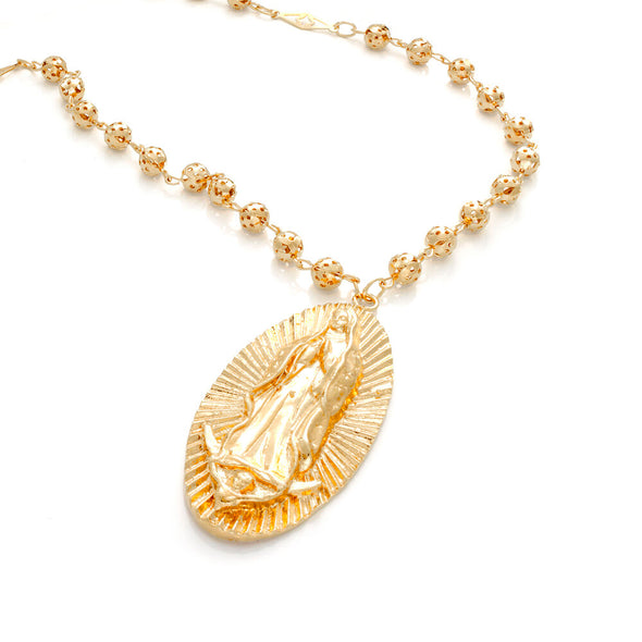 Yellow Gold Plated Rosary Bead Guadalupe Necklace ( 26 Inch )