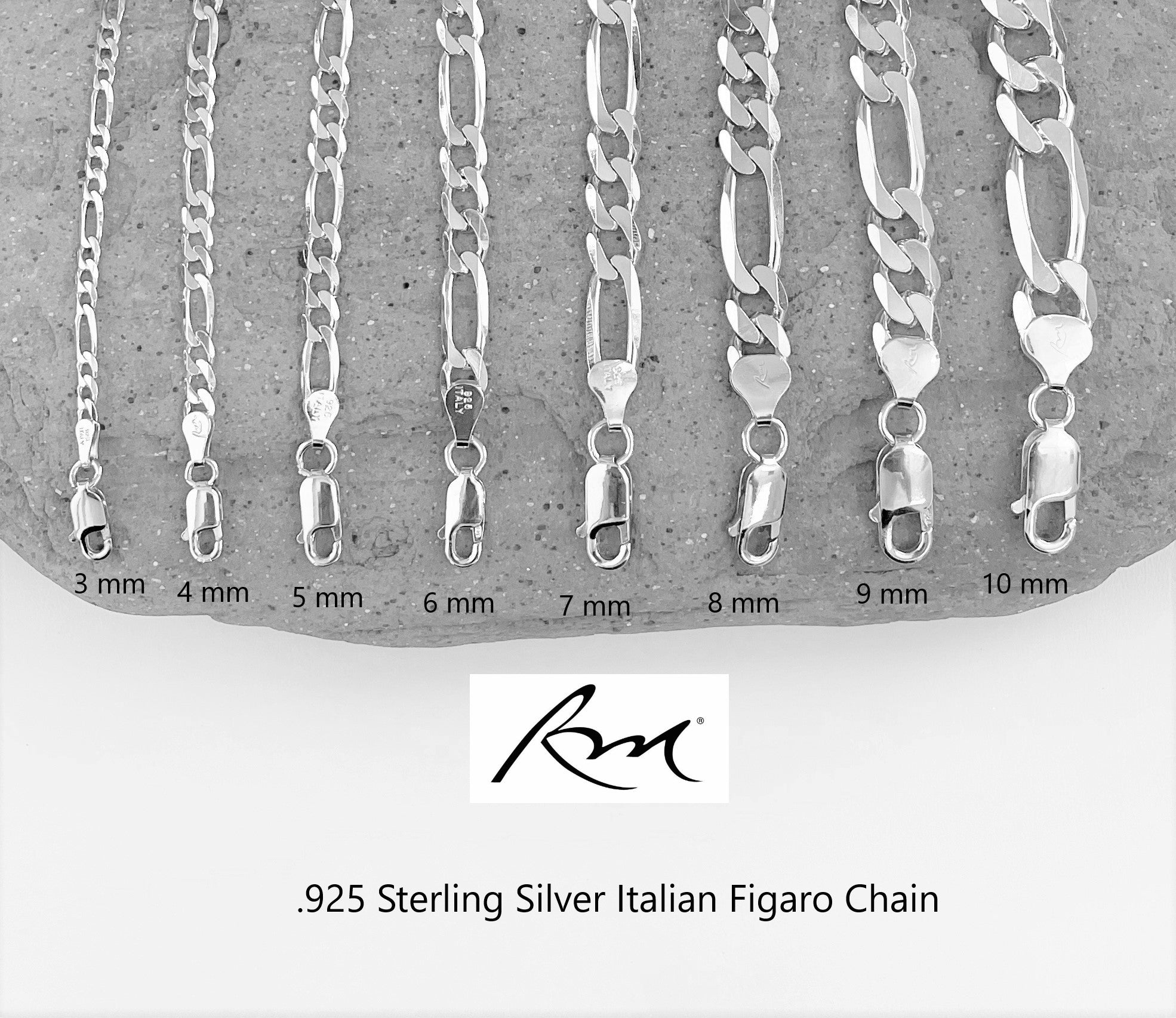 Sterling silver Figaro chain from 3mm to 10mm