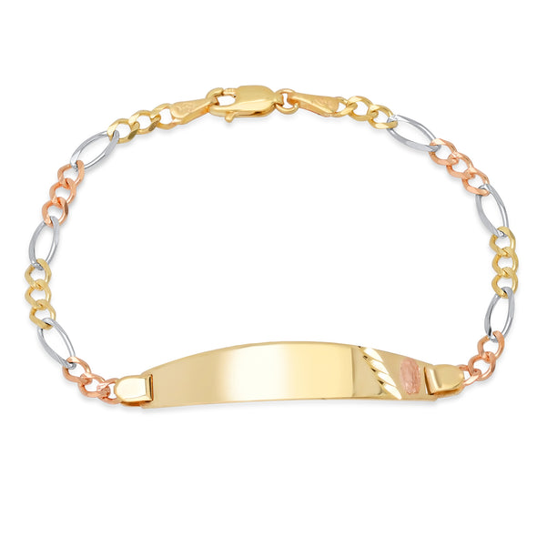 14K Tri-color Gold 100 Figaro Ladies Oval ID Bracelet