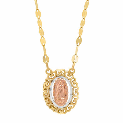 14K Tri-color Gold Oval Guadalupe Scapular Necklace