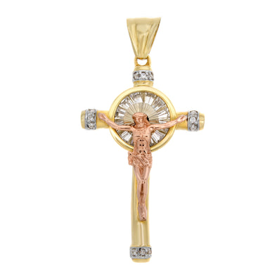 14K Tri-Color Gold Cubic Zirconia Crucifix Pendant
