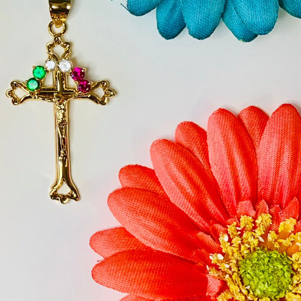 Yellow Gold Bandera Cubic Zirconia Crucifix Pendant