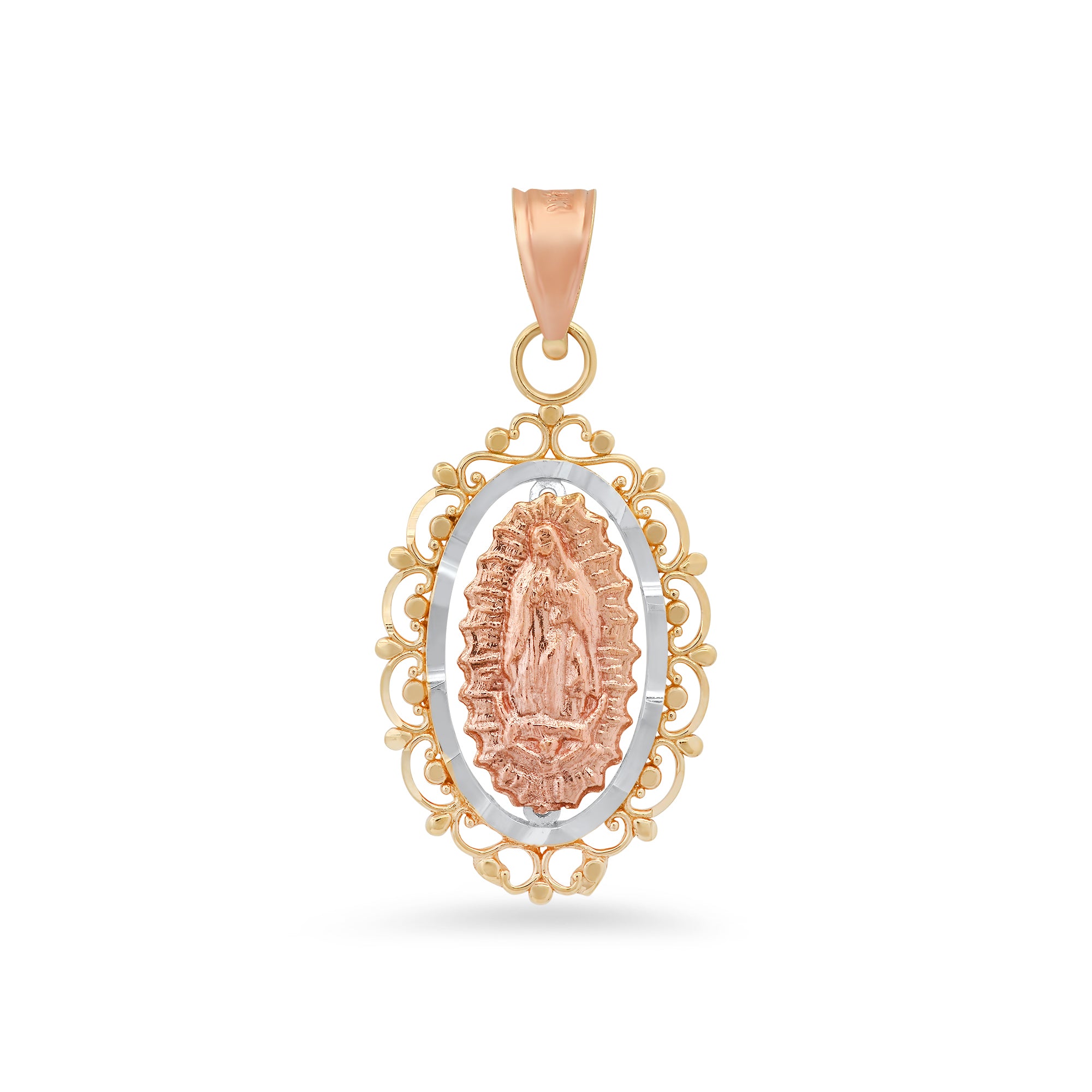 14 karat gold tri color Our Lady of Guadalupe religious pendant