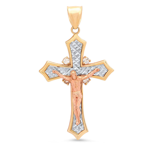 14K Tri-color Gold and White Topaz Crucifix Pendant