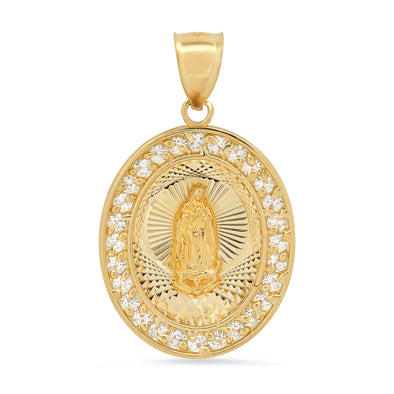 14K Yellow Gold and White Cubic Zirconia Oval Guadalupe Medal Pendant