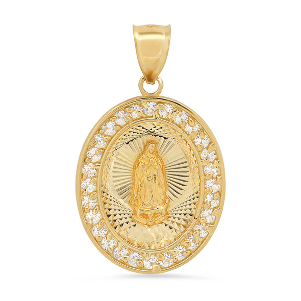 14K Yellow Gold and White Cubic Zirconia Oval Guadalupe Medal Pendant