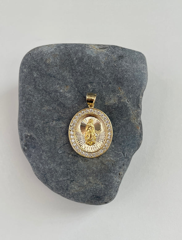 14K Yellow Gold and White Cubic Zirconia Oval Guadalupe Medal Pendant