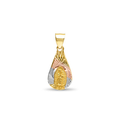 14K Tri-color Gold Our Lady of Guadalupe Teardrop Medal Pendant
