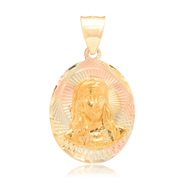 14K Tri-color Gold Sacred Heart Oval Medal Pendant
