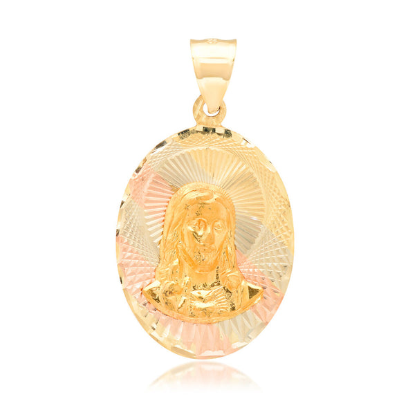 14K Tri-color Gold Sacred Heart Oval Medal Pendant