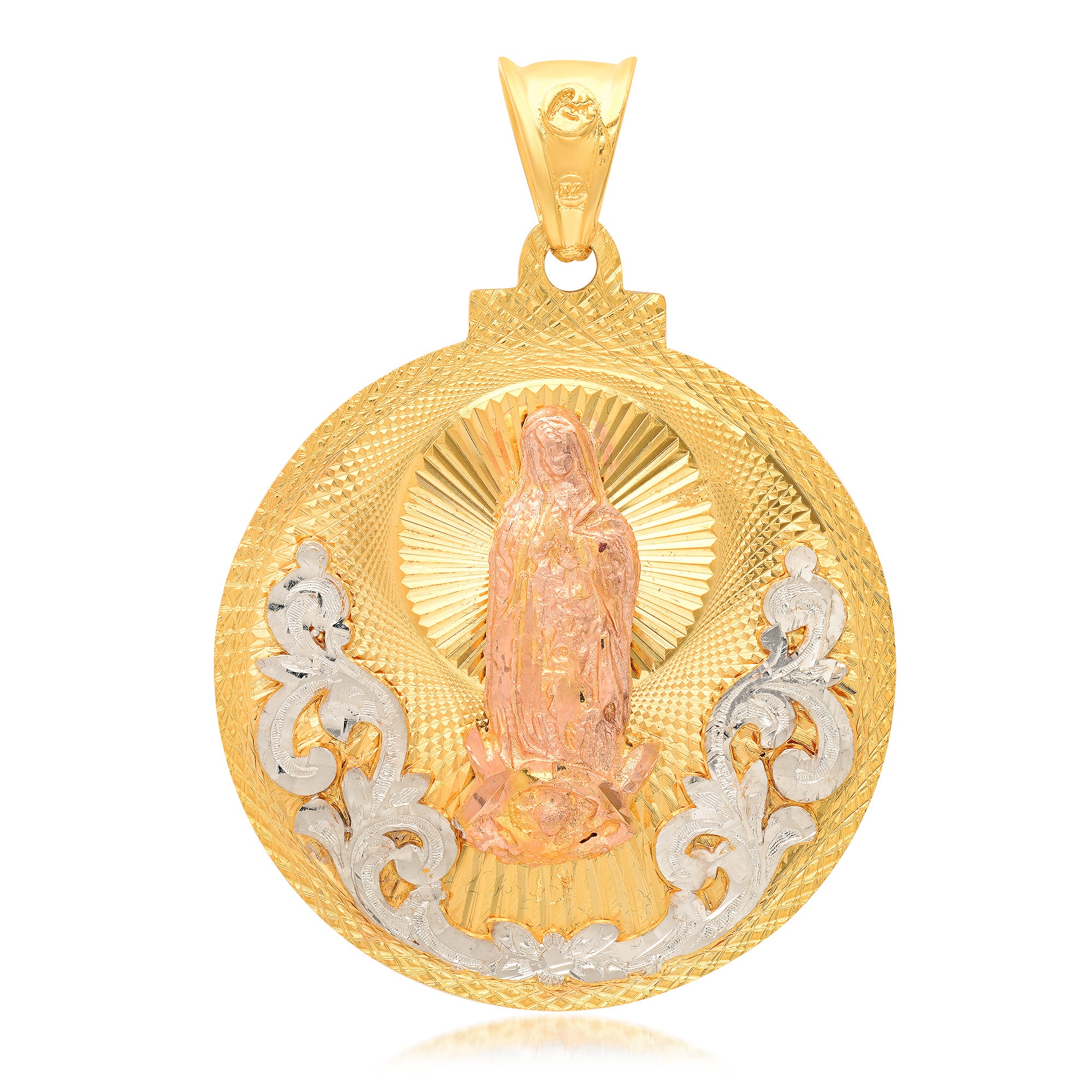 14K Tri-color Gold Our Lady of Guadalupe Rodeo Medal Pendant