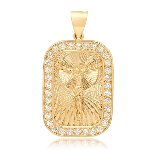 14K Yellow Gold and White Cubic Zirconia Crucifix Medal Pendant